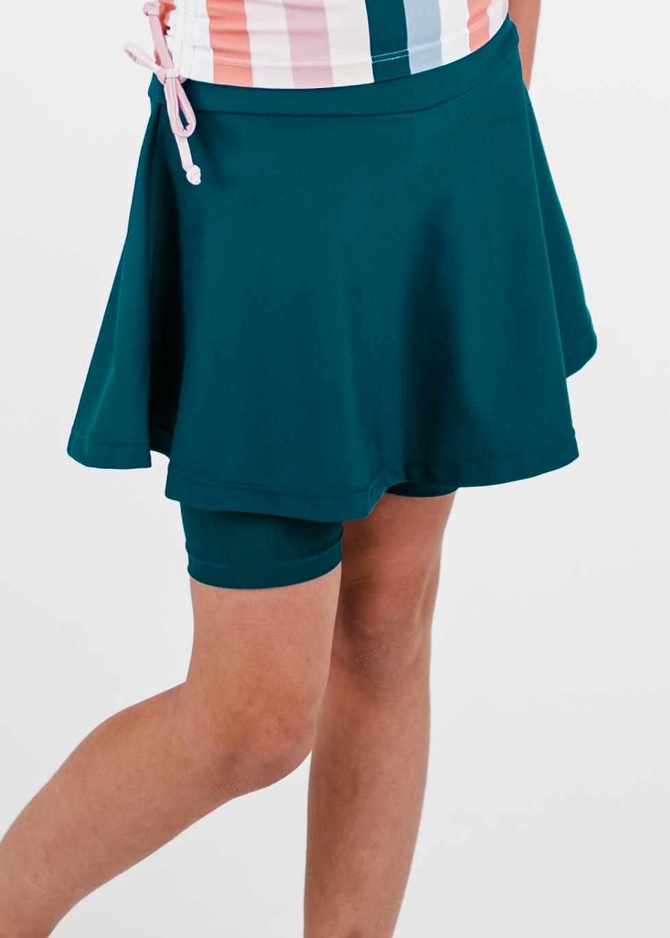 Girls swim skort. Modest skirt and pants. Girl's modest plus size swim skirt. Excellent sun protection UPF +50