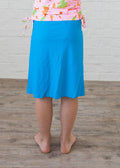 Girls swim knee length skort. Modest skirt and pants. Girl's modest plus size swim skirt. Excellent sun protection UPF +50