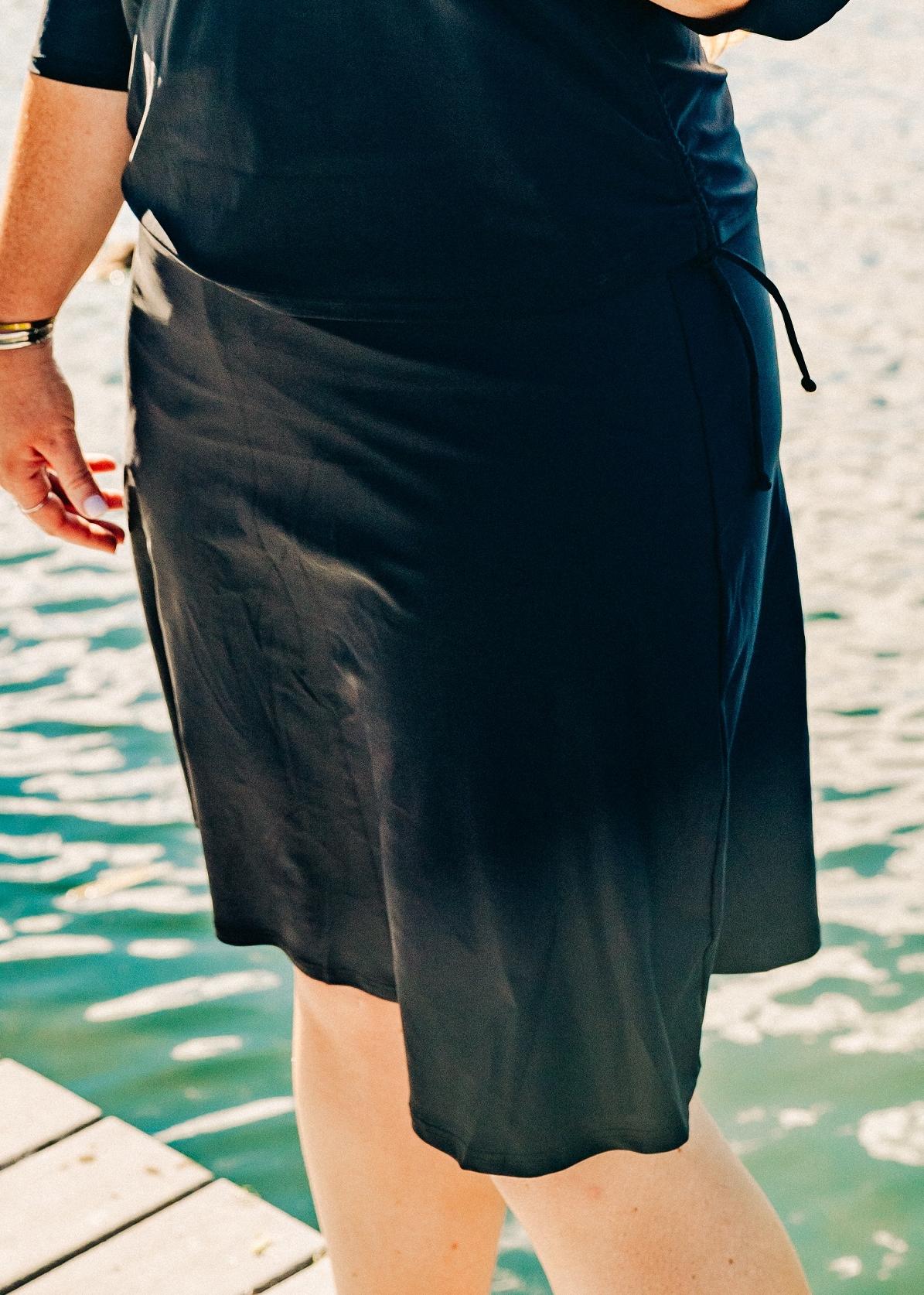 Knee length swim skort. Modest plus size skirt and pants. Womens' modest plus size swim skirt. Excellent sun protection UPF +50