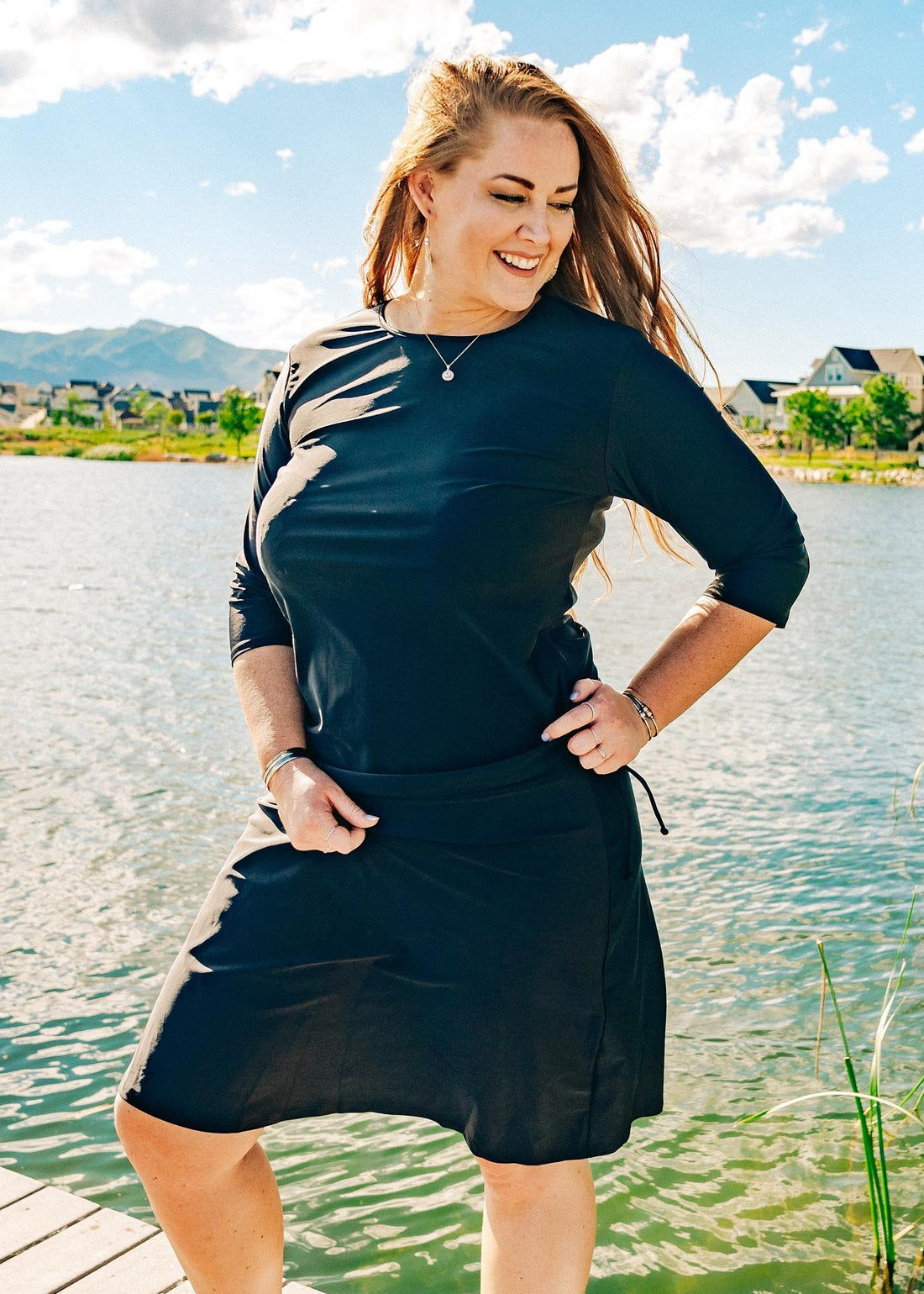 Knee length swim skort. Modest plus size skirt and pants. Womens' modest plus size swim skirt. Excellent sun protection UPF +50