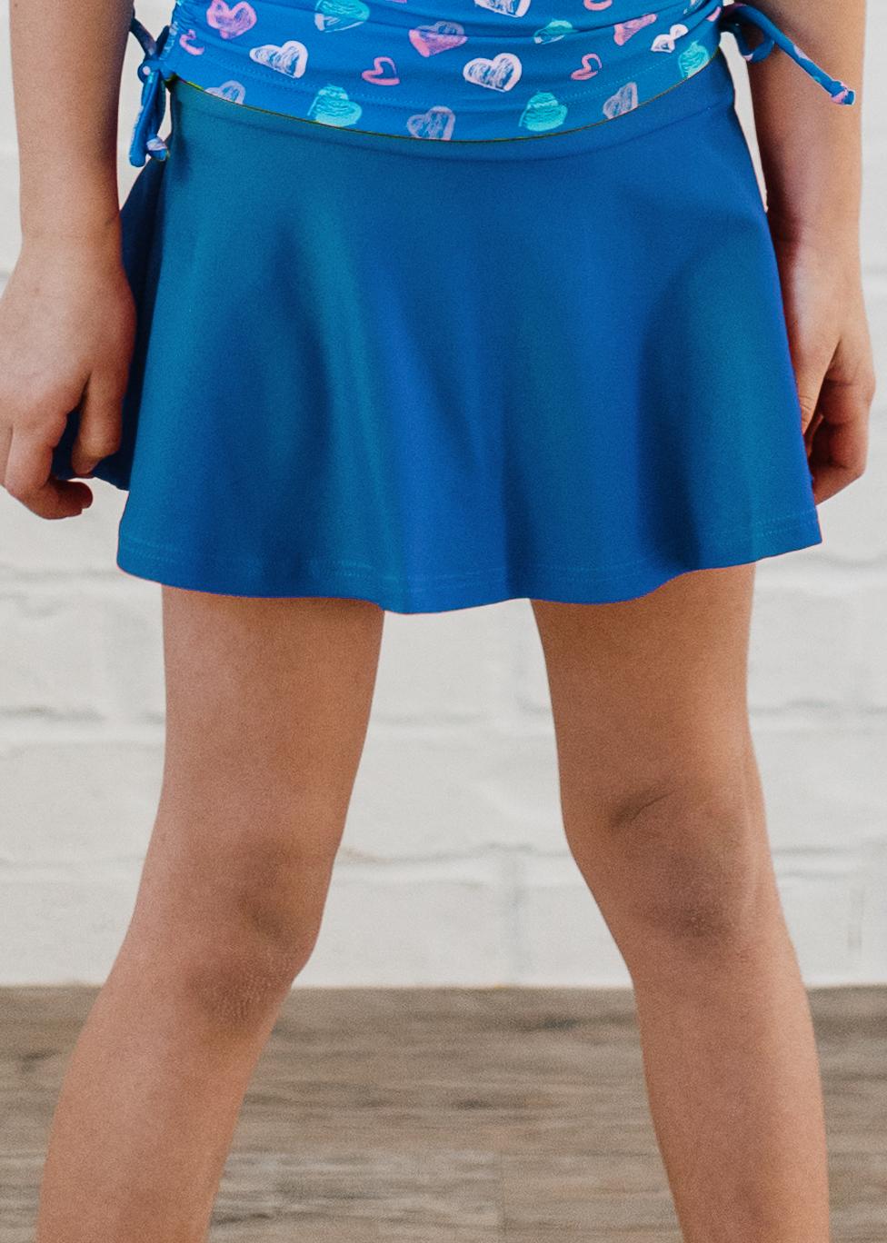 Girls swim short skort. Modest skirt and pants. Girl's modest plus size swim skirt. Excellent sun protection UPF +50