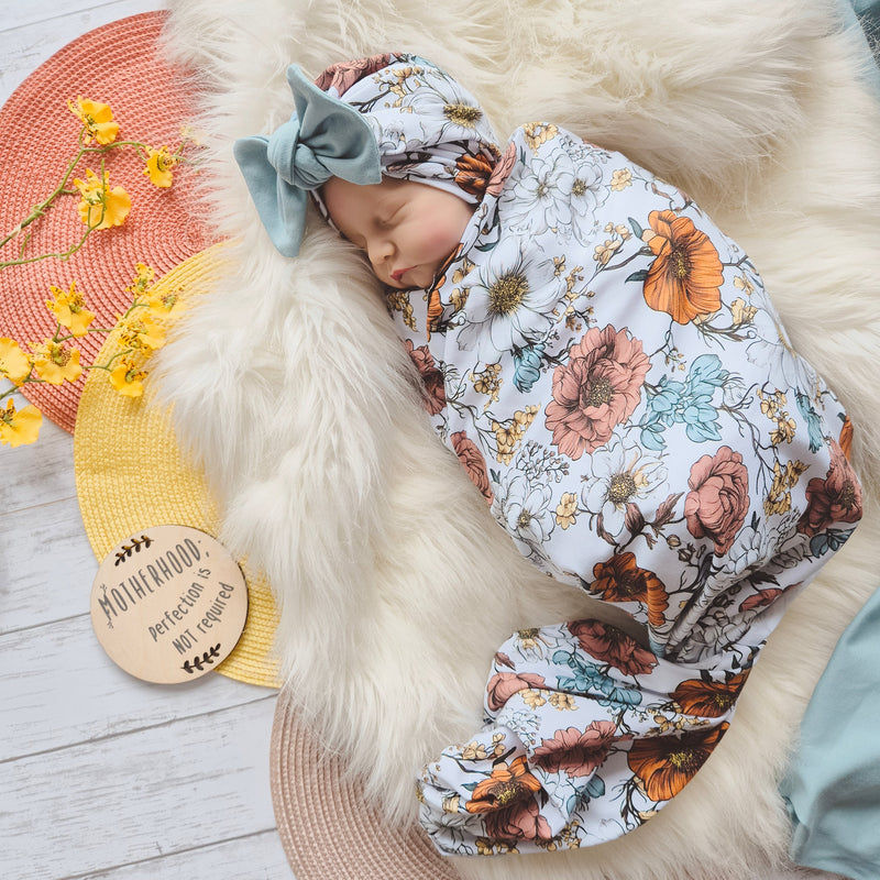 Spring Floral Baby Girl swaddle and bow turban gift set