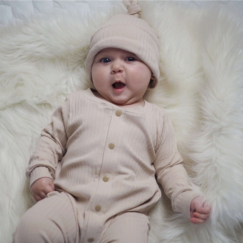 New Baby Gfits with Lottie & Lysh | Beige Rib Unisex Baby romper and hat set