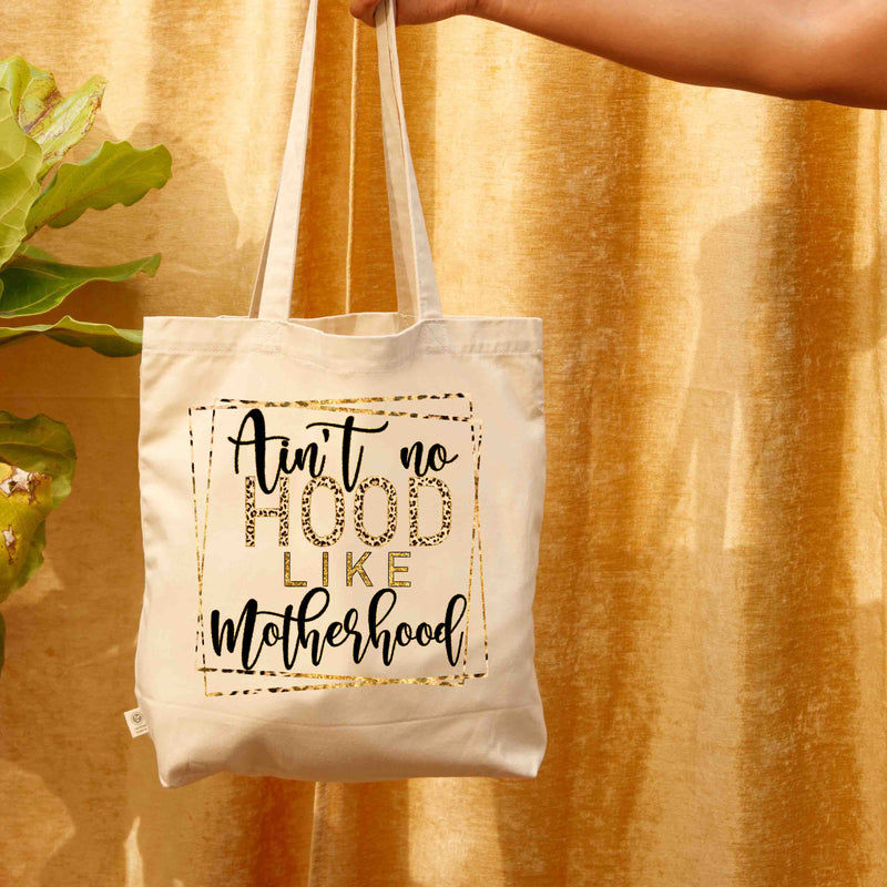 Ain't no hood like motherhood printed tote bag with leopard print detail
