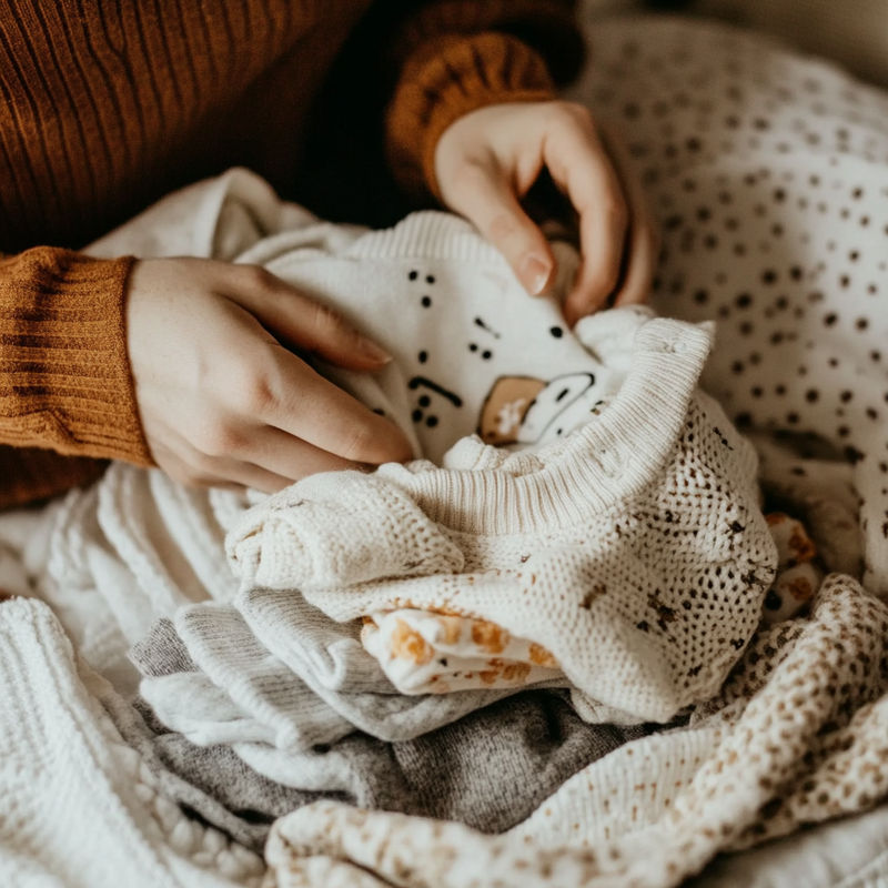 Parent sorting gently worn baby clothes to save or pass on