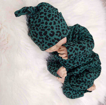 Green leopard print romper for newborn with matching hat