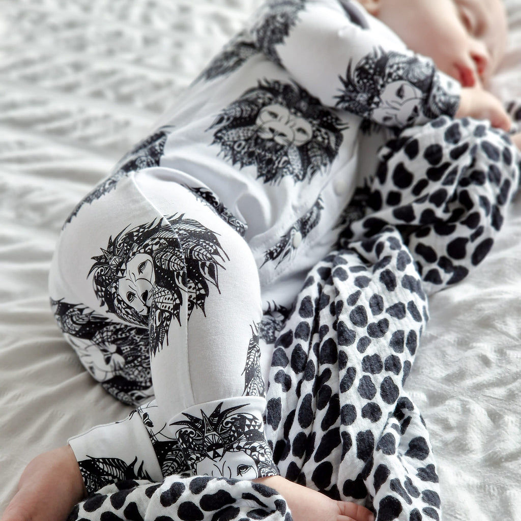 Boys CLothes - Sleeping baby boy wearing Lottie & Lysh Aztec Lion romper