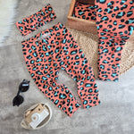 leopard print kids legging sin coral, black and blue
