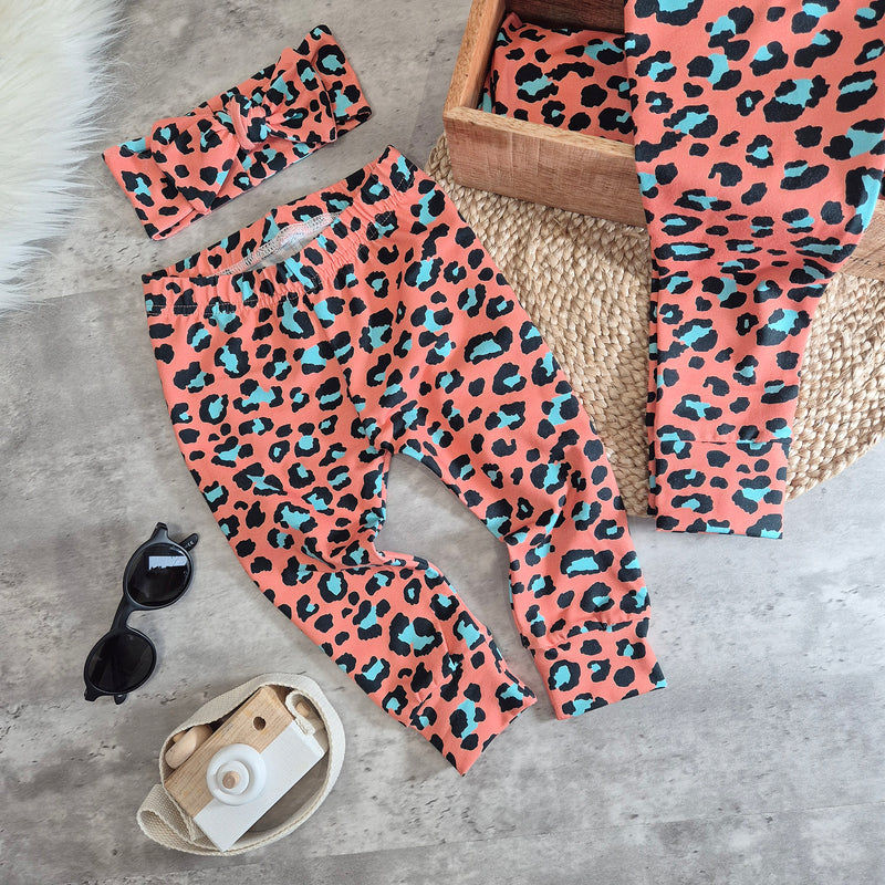 leopard print kids legging sin coral, black and blue
