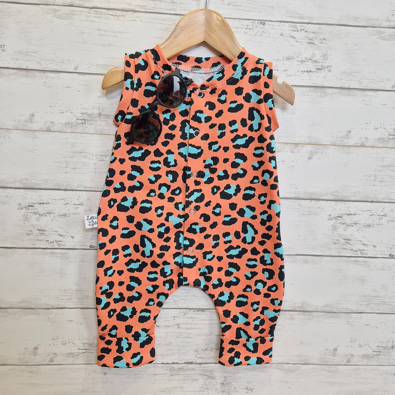Kids leopard print oversized romper coral blue and black