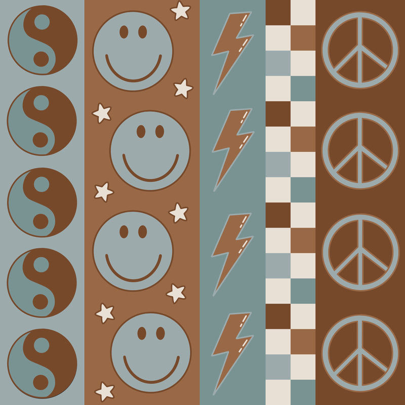 Vintage Stripes jersey fabric with smiley faces, thunder bolts and ying yangs for use in baby and childrens clothing. Made by UK based brand Lottie & Lysh