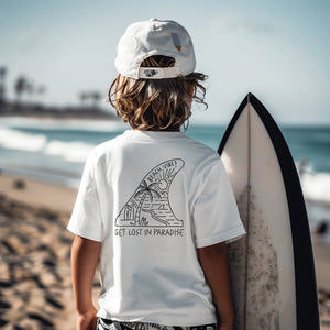 white kids surf t-shirt with Get lost in paradise printed motif