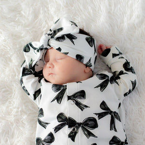 Bow print baby romper and headband set