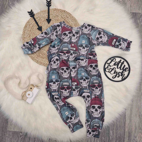 Skull print baby romper by lottie and lysh