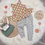 Kid's flay lay image featuring lottie and lysh daisy leggings and retro rainbows peplum vest