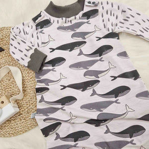 handmade baby and toddler dungarees with whale print and matching top