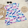 Cute baby girls summer dress with blue, pink and purple crocodiles printed