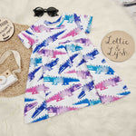 Cute baby girls summer dress with blue, pink and purple crocodiles printed