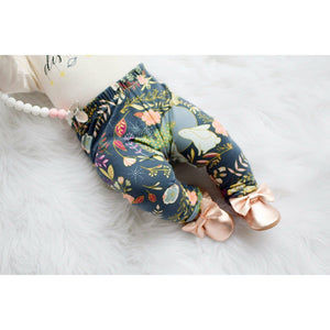 Autumn Glow printed floral baby leggings handmade by lottie & lysh styled with rose gold baby shoes and teether